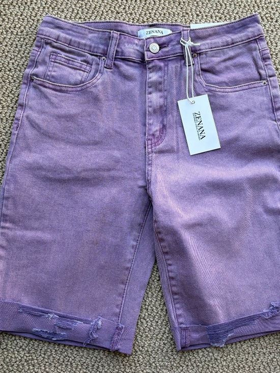 Zenana Outfitters Pants - New Zenana Purple Distressed Bermuda Shorts Cuffed Mineral Wash Stretchy Comfy